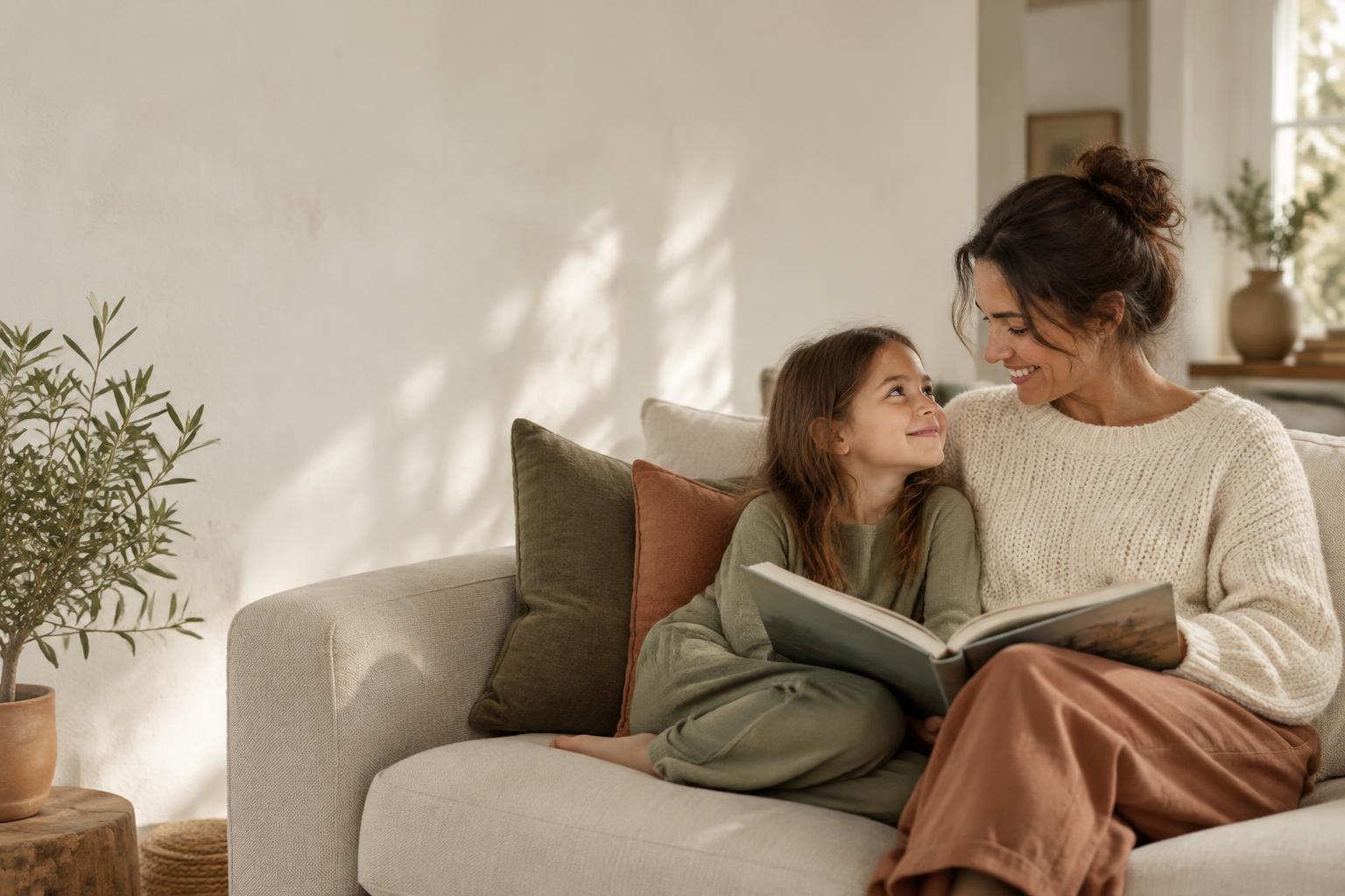 A mother and daughter sharing a quiet reading moment