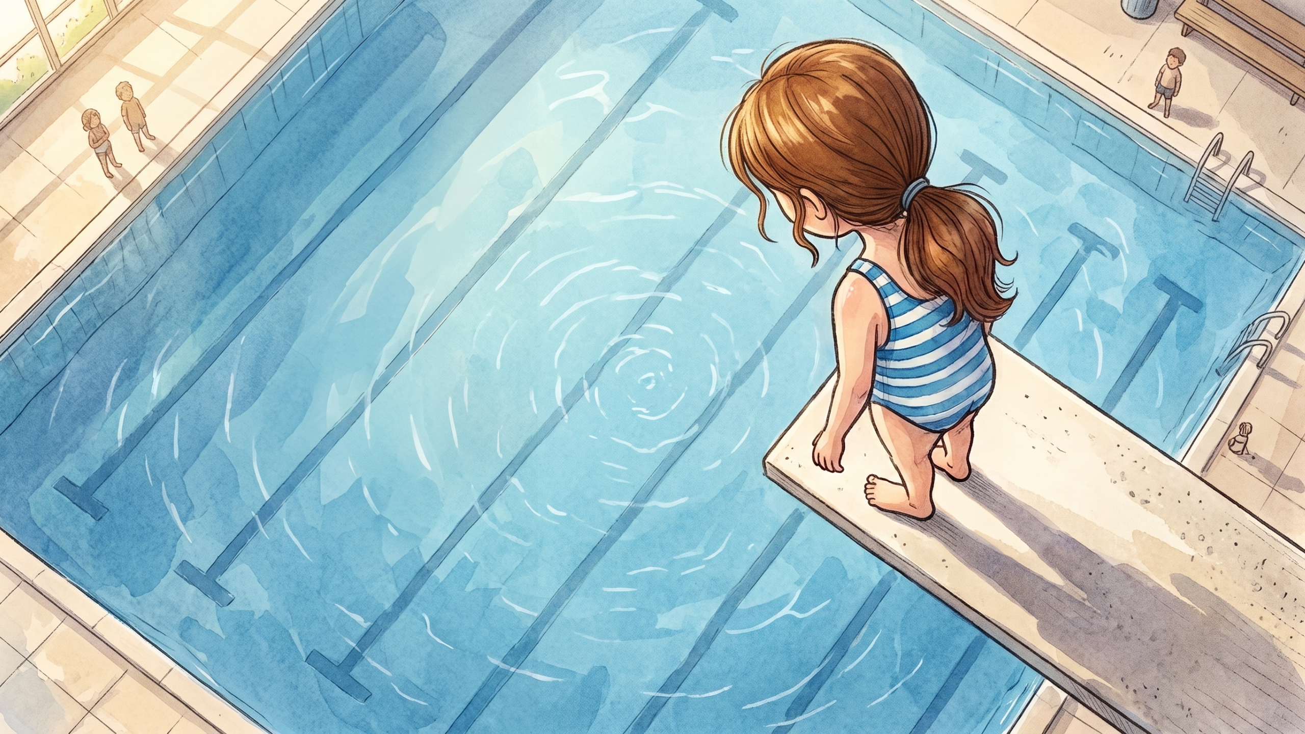 Maya hesitates at the end of the diving board, looking down into the pool