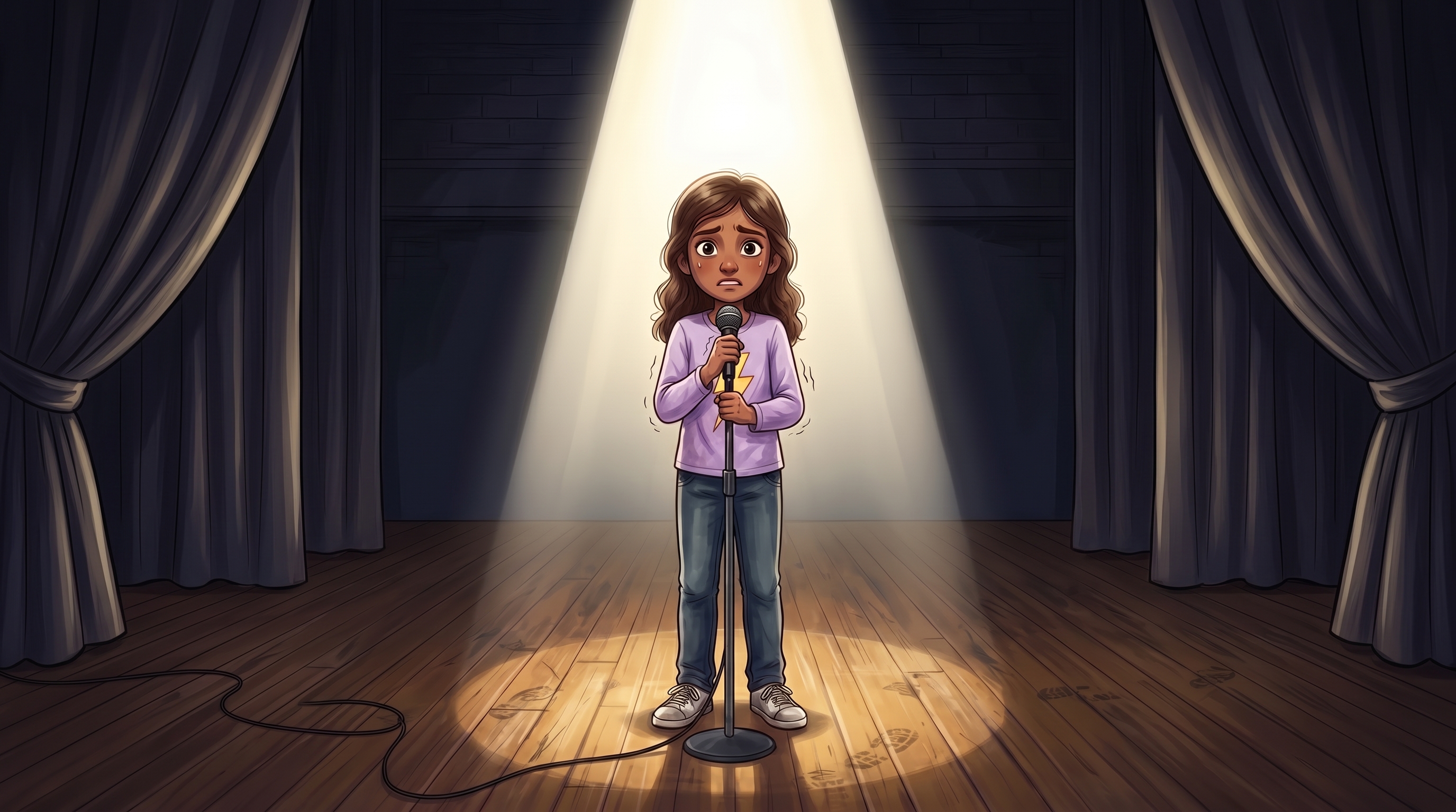 Priya stands on the talent show stage under a spotlight, holding a microphone